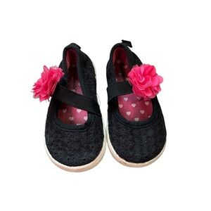 Toddler Girl mary jane shoes Black Dress Shoes with Pink Floral Detail size 5